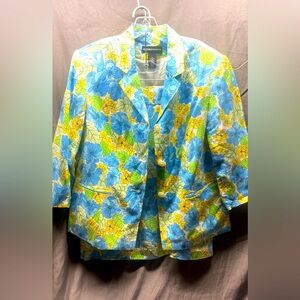 Vintage Linen Blend Retro Floral Blazer & Skirt Size 14 16 Norton Mcnaughten